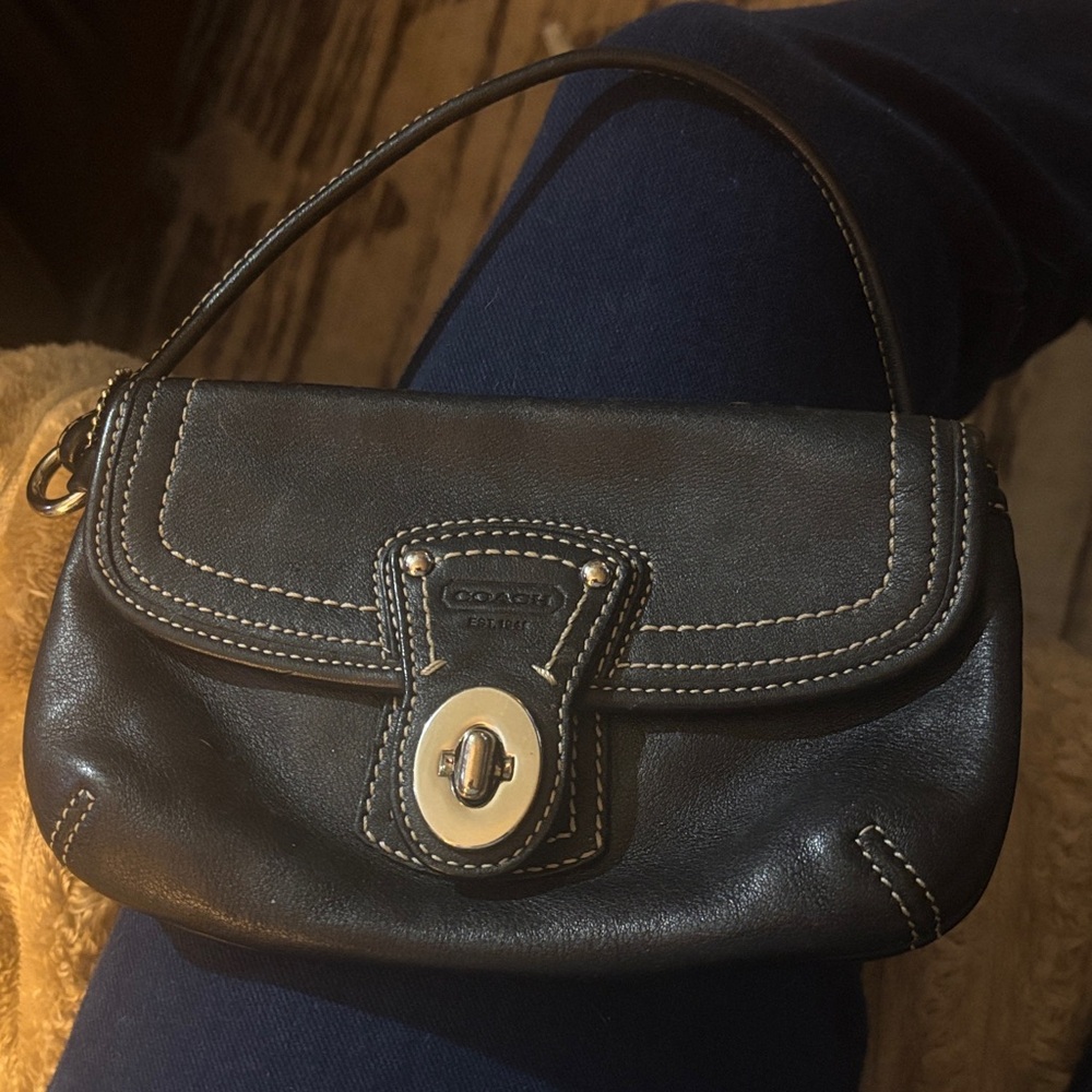 Coach Black Leather Wristlet with Stitch Detail